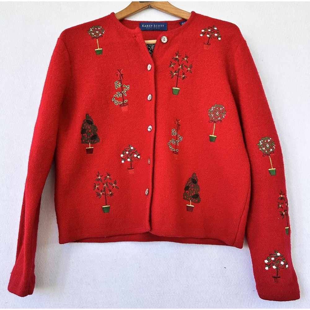 Karen Scott Cardigan Wool Embroidered Christmas Women PL Red Good